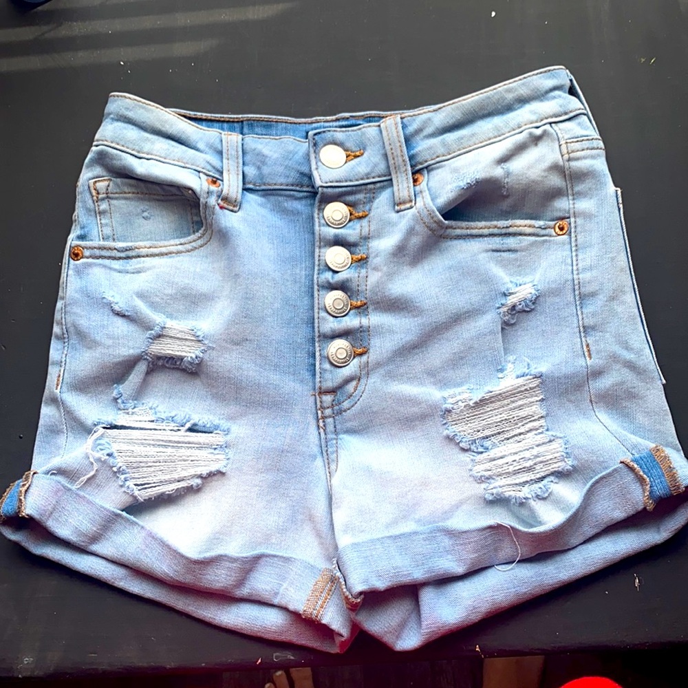Light washed super high rise midi shorts